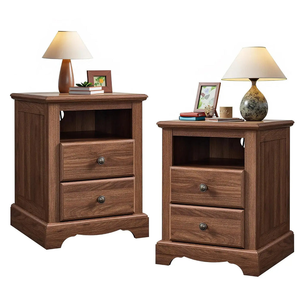 Vintage Nightstand Set of 2 with Charging Station, Light Walnut, Customized