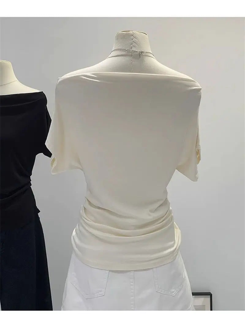 Summer One Shoulder Black Women's T-shirt Short Sleeve Korean Style Slimming Top Exposed Shoulder Fashionable