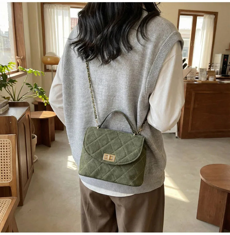 Diamond Grid Chain Crossbody Bag One Shoulder Purse Trendy Flip Top Clutch Women's Fashion Suede Leather Casual Shoulder Bag