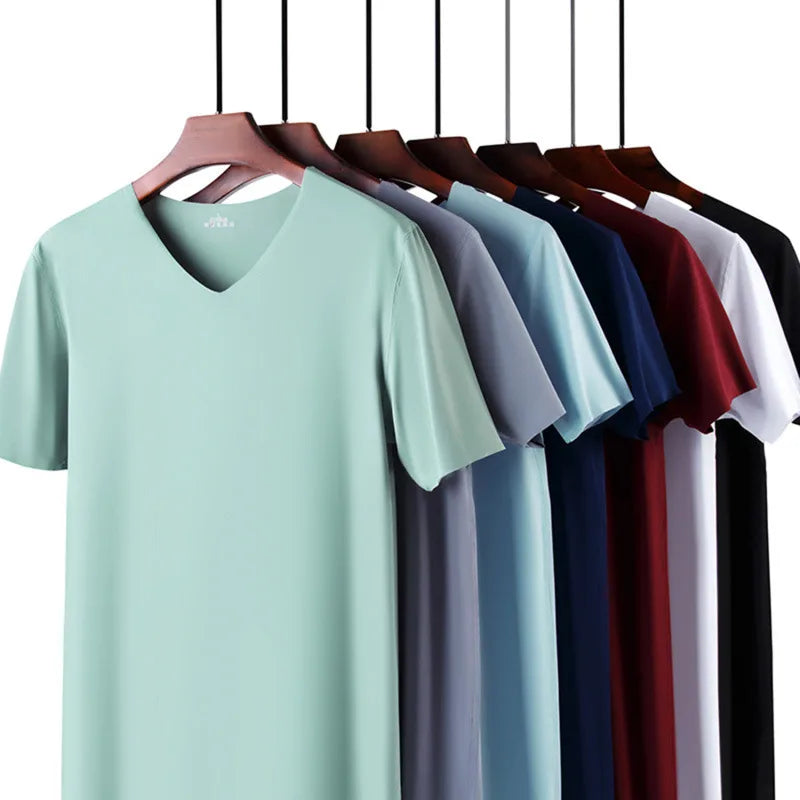Men V Neck Ice Silk T Shirt Seamless Solid Color Slim Short Sleeve Summer Thin No Trace Invisible Bottoming Shirt Casual Daily