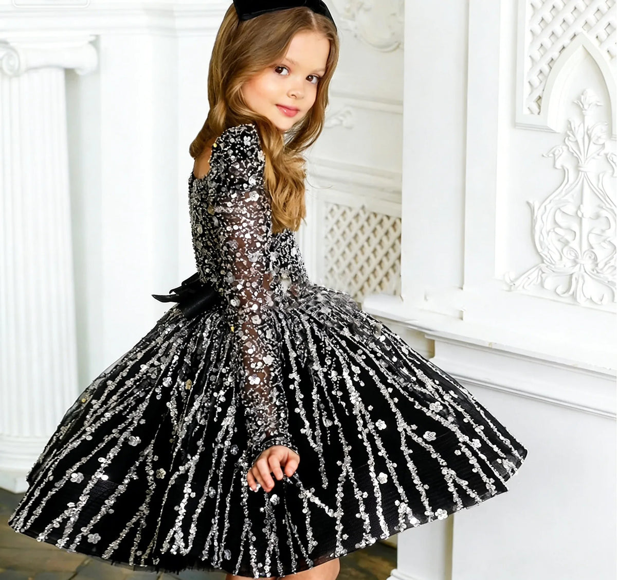Customized  Flower Girl Dress for Wedding Sequins Full Sleeves Puffy Pageant Baby Gown First Communion Birthday Party  Dress