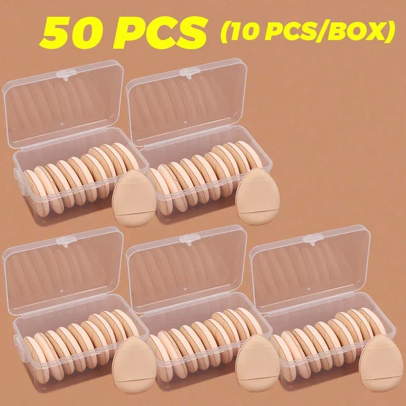50Pcs Mini Finger Cosmetic Puff Set with Box Water Droplet Shape Air Cushion Detail Makeup Puffs Concealer Foundation Applicator