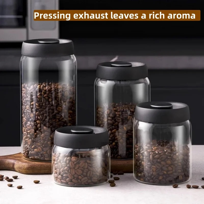 Cafetera de Tapa Negra de Múltiple Capacidad, Jarra de Almacenamiento Manual al Vacío a Prueba de Humedad, Tetera de Vidrio para Cocina, Bote Sellado para Granos de Café