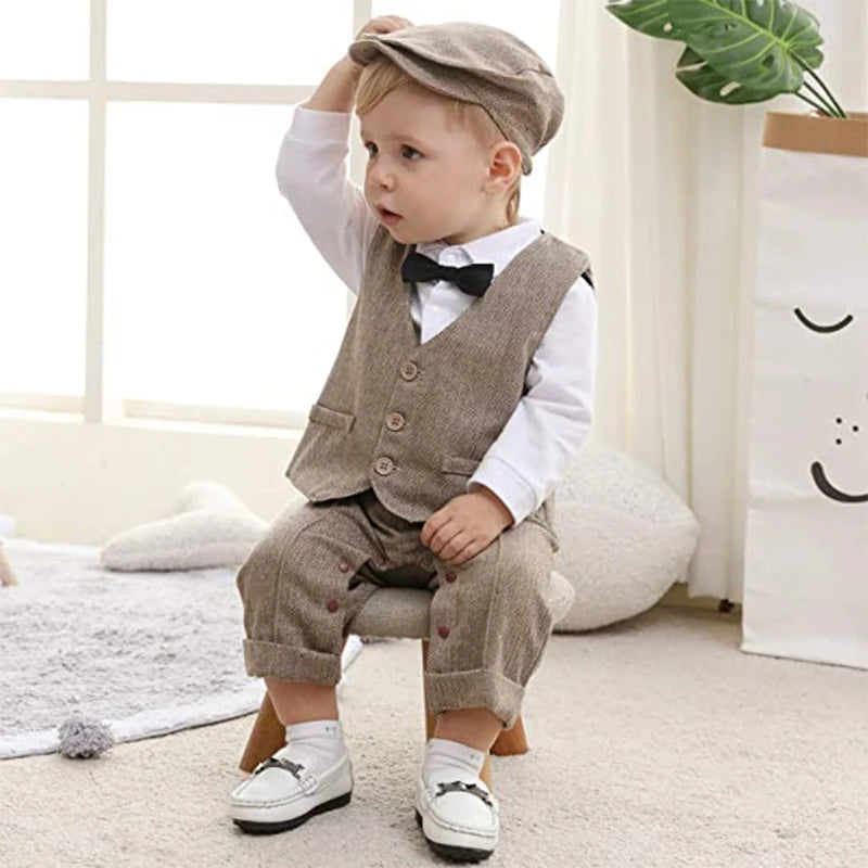Baby Boys Gentleman Suit Formal 1st Birthday Newborn Outfit One-piece Jumpsuit+Vest+Bowtie+Suspender Toddler Clothes 1 2 3 years