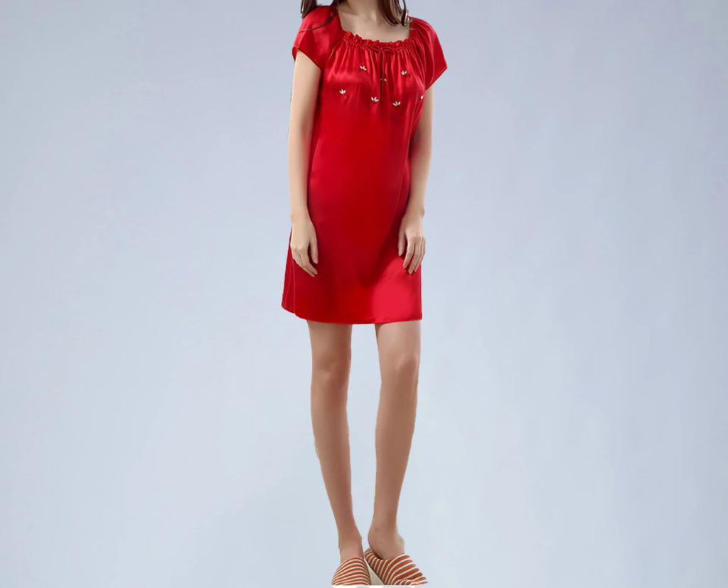 Women's 100% Mulberry Silk Sleep Dress Short Sleeve Summer Spring New Arrival Loose Solid Color Embroidered Doll Sleepwear