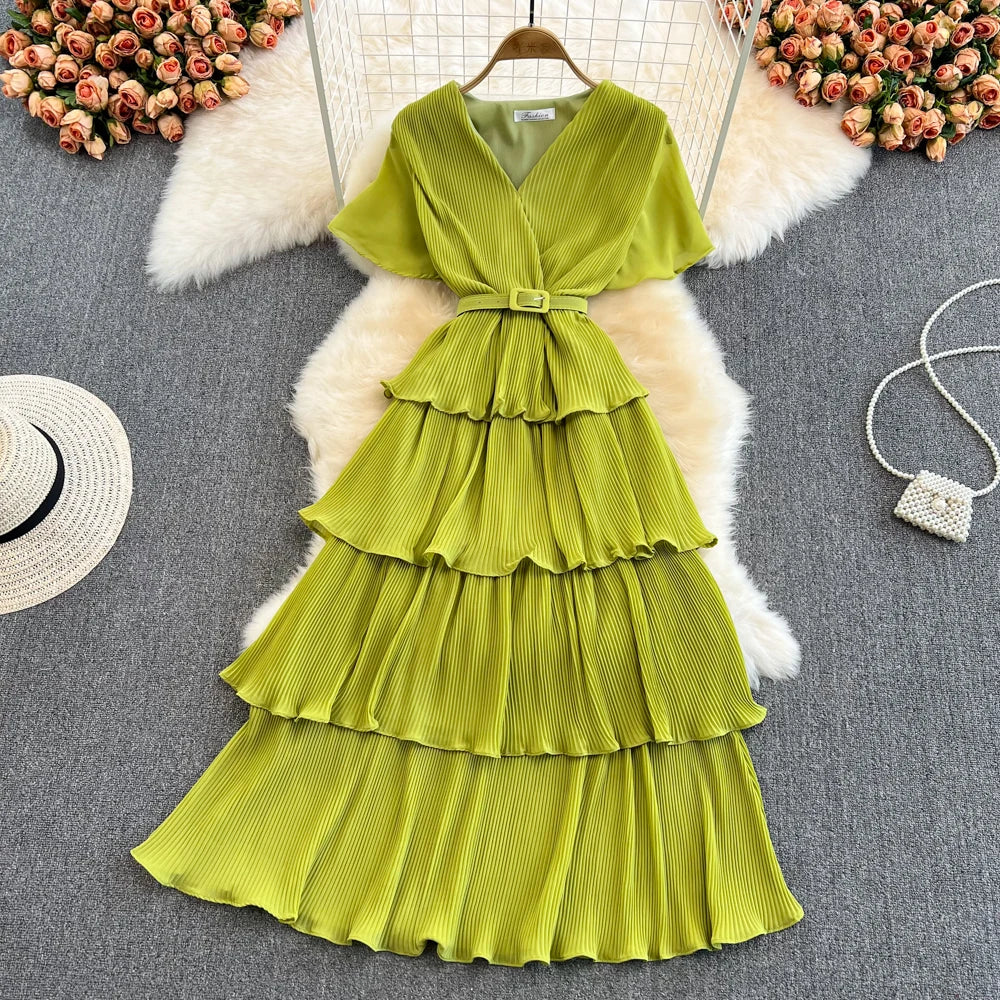 Vintage V-Neck Tiered Maxi Dress - Short Sleeve Loose A-Line
