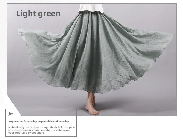 New In 2026 Spring Summer Woman Cotton Linen Midi Skirt Solid Color Loose Flared Pleated A-line Skirt Female Sweet Elegant Skirt