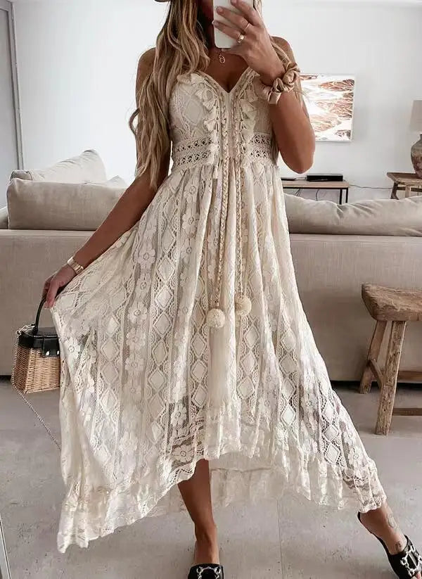 Ladies Dress A-line Lace Embroidery Design V-neck Sleeveless Mid Waist Slim Solid Color Simple Elegant Fresh Retro Sling Dress