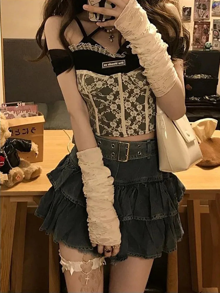 Streetwear Jean Skirt Women 2025 Faldas Mujer De Moda High Waist Vintage Saia Sweet Ruffles A-line Jupe Casual Y2k Mini Skirts
