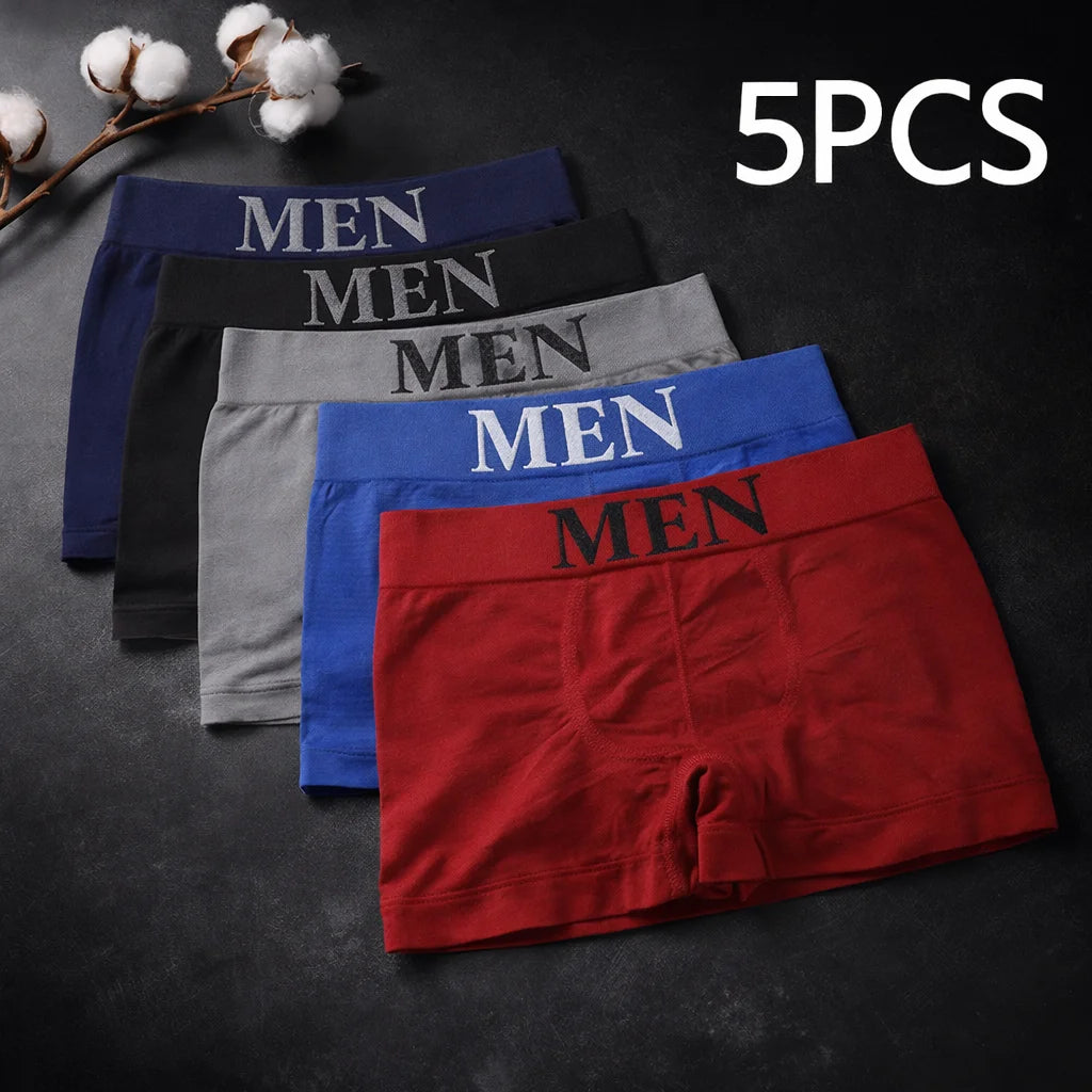 5 Pcs Men’S Boxer Briefs High Elastic Breathable Underwear Soft Cotton Stretch Shorts Comfortable Plain Color Panties