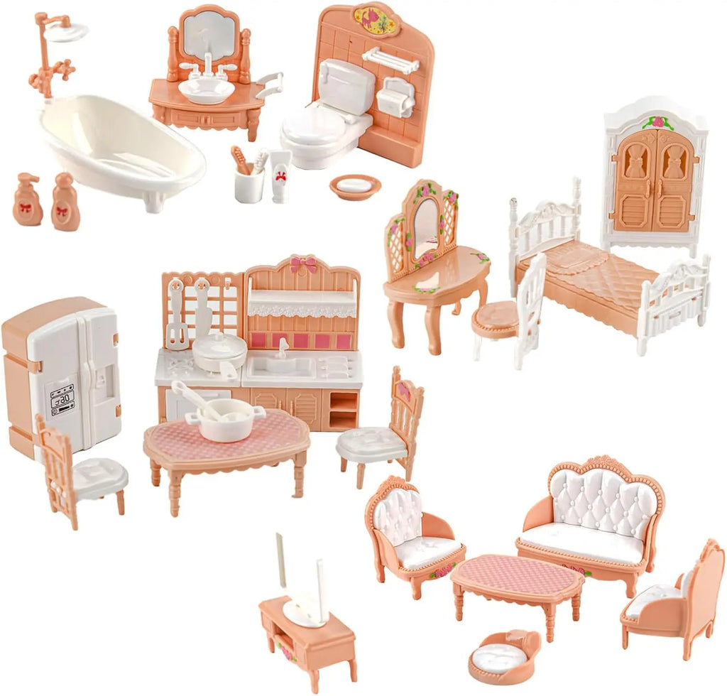 Dollhouse Furniture Set Accessories Doll House Mini Furniture Pretend Play Bedroom Living Room Bathroom Kitchen Kids Birthday