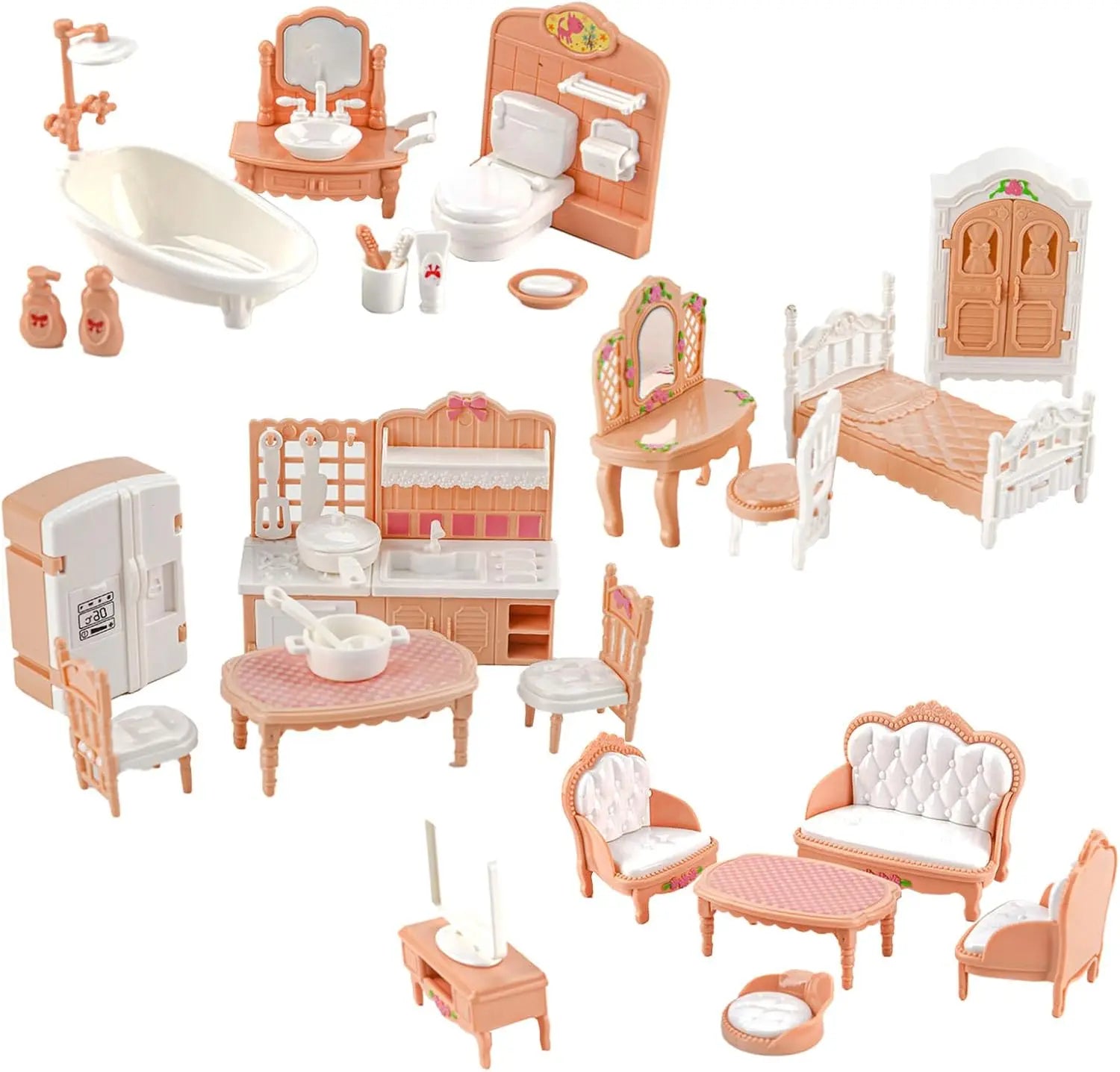 Dollhouse Furniture Set Accessories Doll House Mini Furniture Pretend Play Bedroom Living Room Bathroom Kitchen Kids Birthday