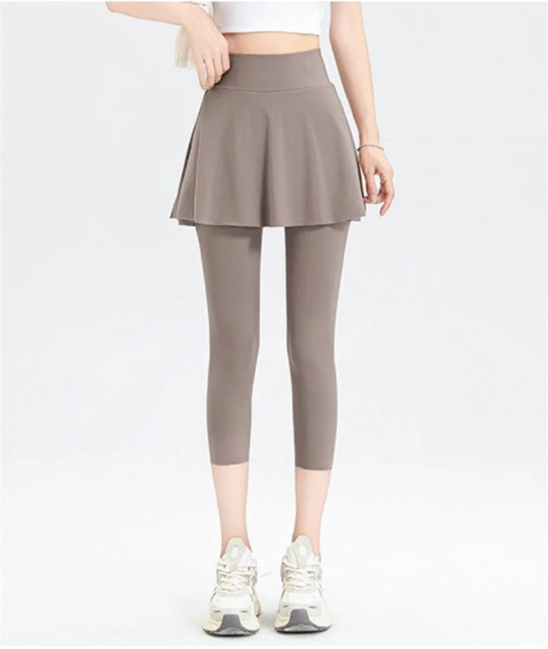 Aiithuug with Pocket Women Tennis Skirted Leggings Capris Yoga Leggings with Skirts Tennis Pickleball Clothing Cropped Leggings