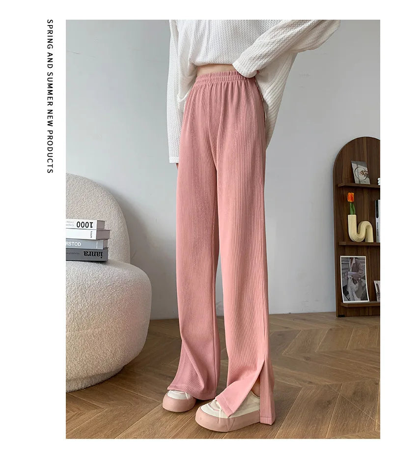 Women's High Waist Wide Leg Knitted Pants - Side Split Casual Long