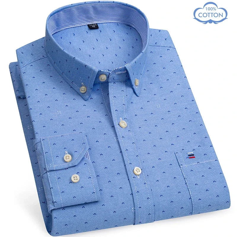 100 Percent Cotton Oxford Shirt For Men Long Sleeve Plaid Pattern Business Office Wear Smart Casual