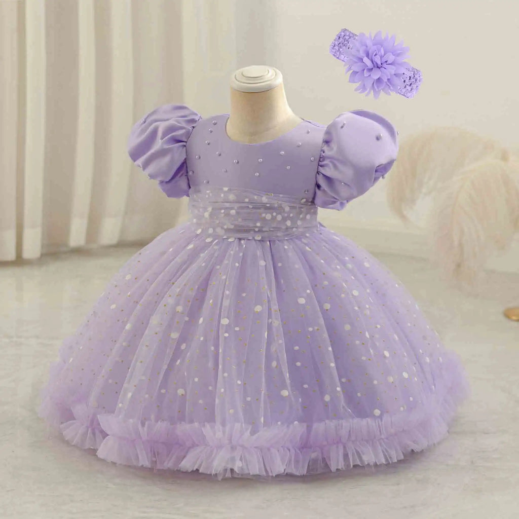 HETISO Girl Dress for Wedding Dots Printed 1 to 5 Years Birthday Party Princess Cute Prom Tutu Gown Pearls Mesh Baby Dresses