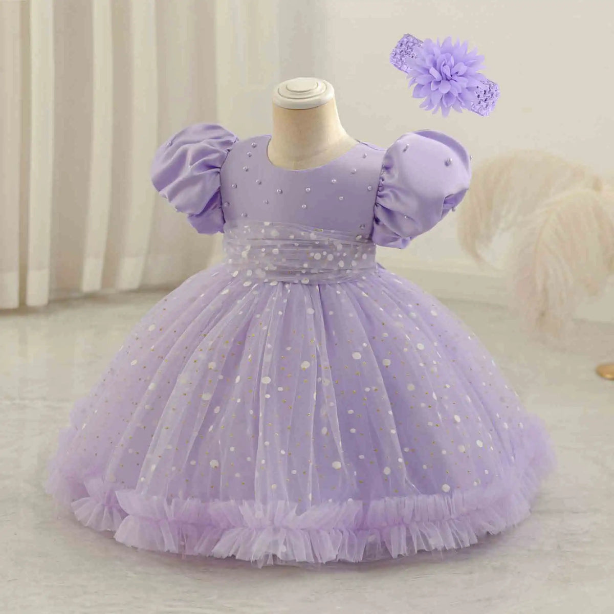 HETISO Girl Dress for Wedding Dots Printed 1 to 5 Years Birthday Party Princess Cute Prom Tutu Gown Pearls Mesh Baby Dresses