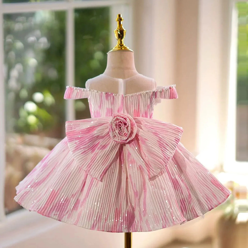 Dreamy Vow J432 Elegant Pink White Girls Dress Pleated Fabric Floral Decoration for Kids Wedding Birthday Party Short Ball Gown