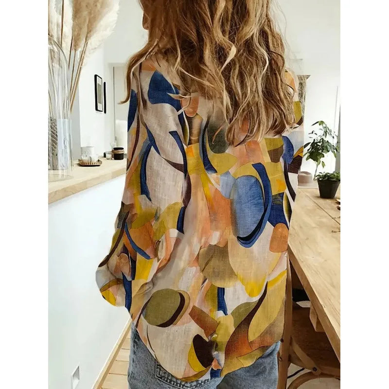 Loose Long Sleeve Women's Shirt Digital Print Lantern Style Comfortable Fit Fashionable Commute Style Geometric Pattern