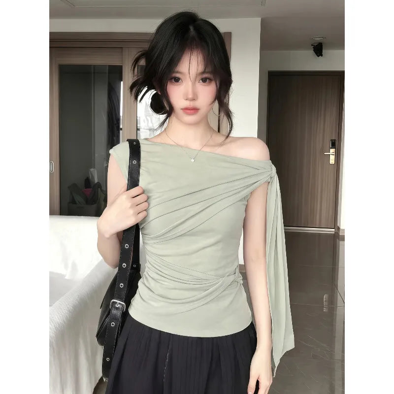 Elegant plus Size Women's T-Shirt Shoulder Bared Slim Fit Summer New Style Korean Version Commute Style Short Sleeve Top