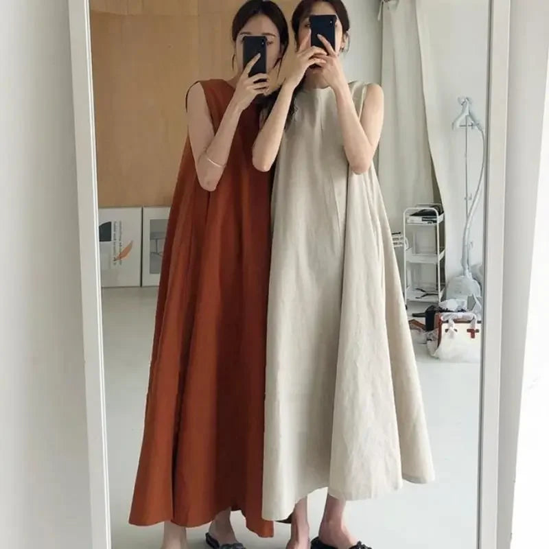 Korean Fashion Women Dress Casual Round Neck Loose Solid Color Casual Big Swing Sleeveless Long Linen Lazy Style Vestidos