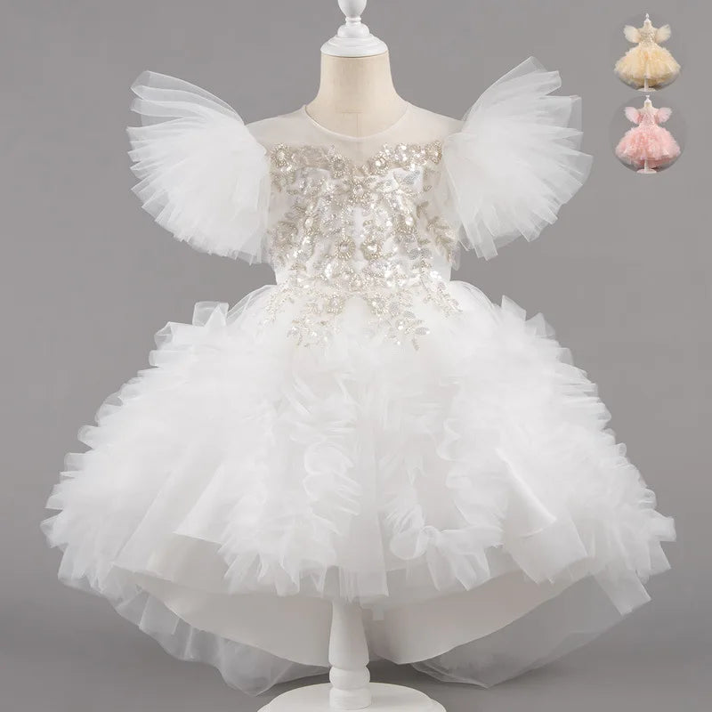 HETISO Girls Elegant Trailing White Dress Flower Appliques Kids Weddings Birthday Party Gown