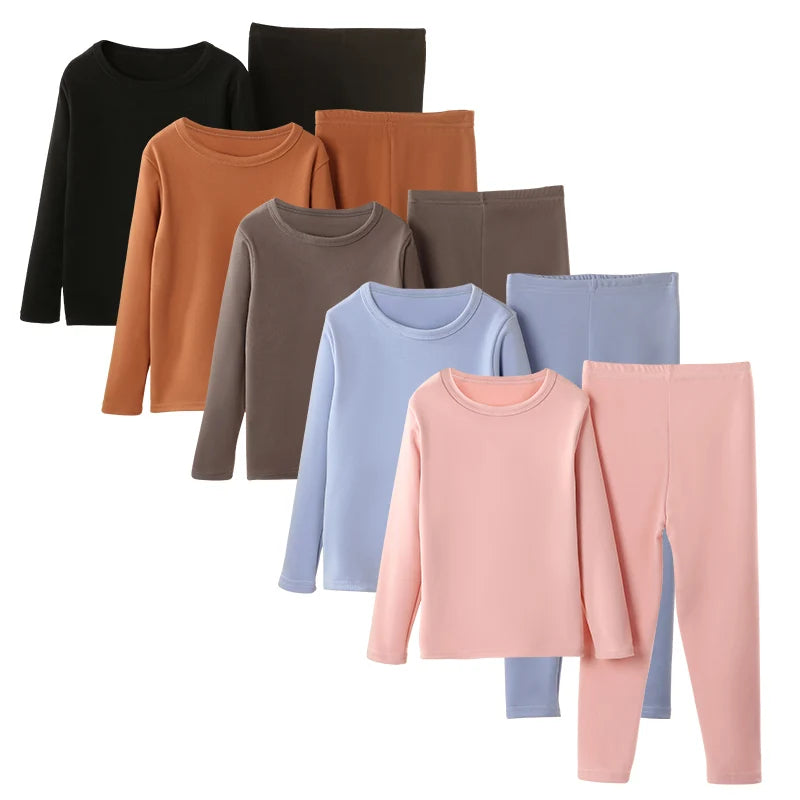 Unisex Children's Solid Color Thermal Long Johns 2-Piece Set