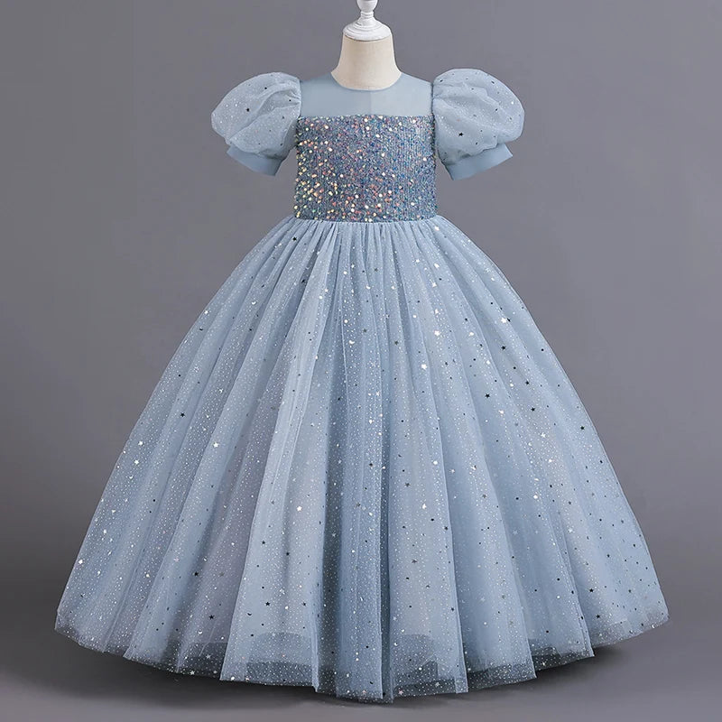 Girls Princess Sequin Bubble Sleeve Long Mesh Flower Dress – Wedding & Summer Party