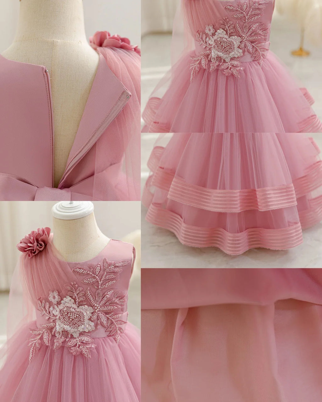 HETISO Flower Wedding Party Dress for Girls Baby Holiday Layered Tulle Ball Gown Toddler Kids Beaded Costume 6M-4 Years