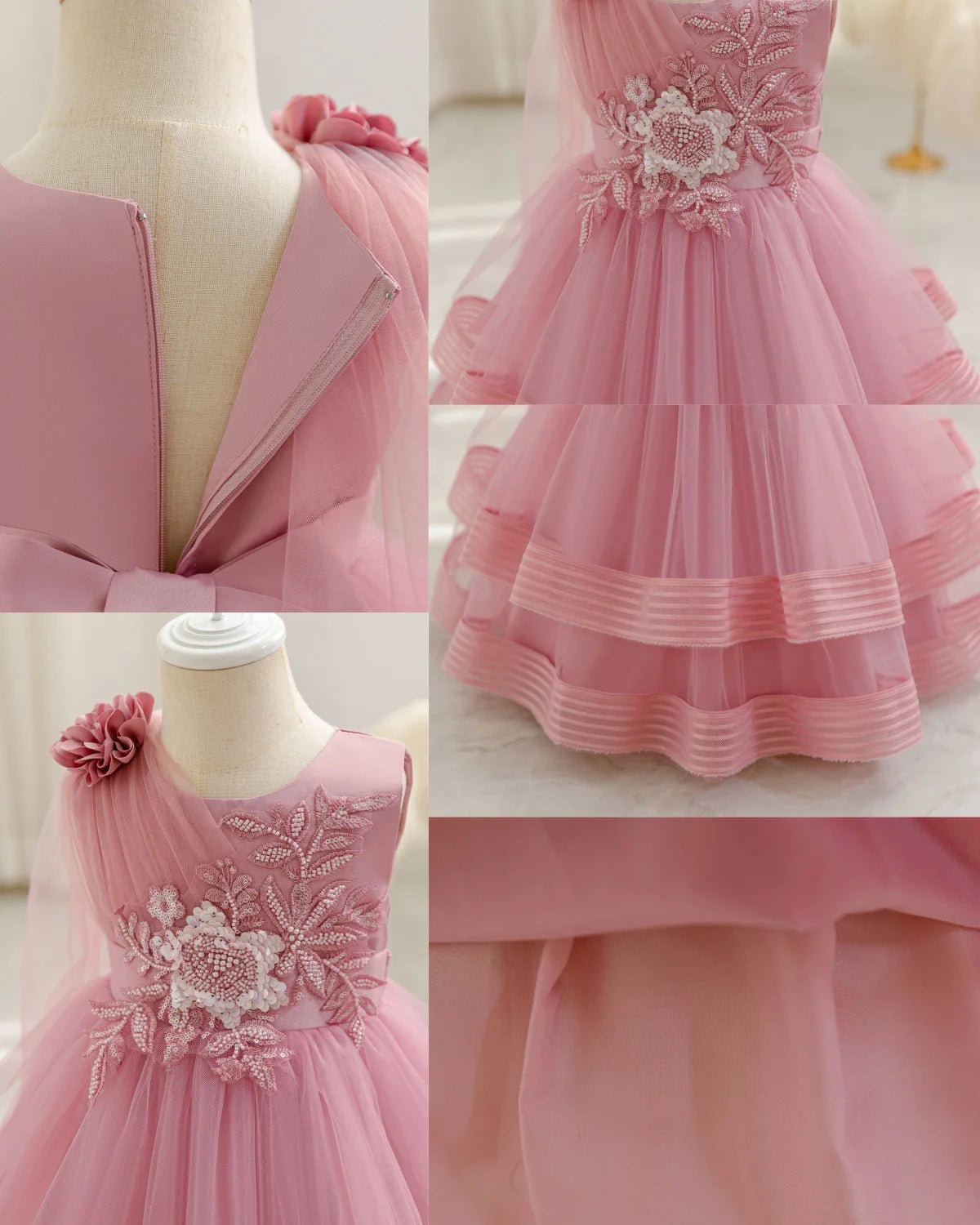 HETISO Flower Wedding Party Dress for Girls Baby Holiday Layered Tulle Ball Gown Toddler Kids Beaded Costume 6M-4 Years