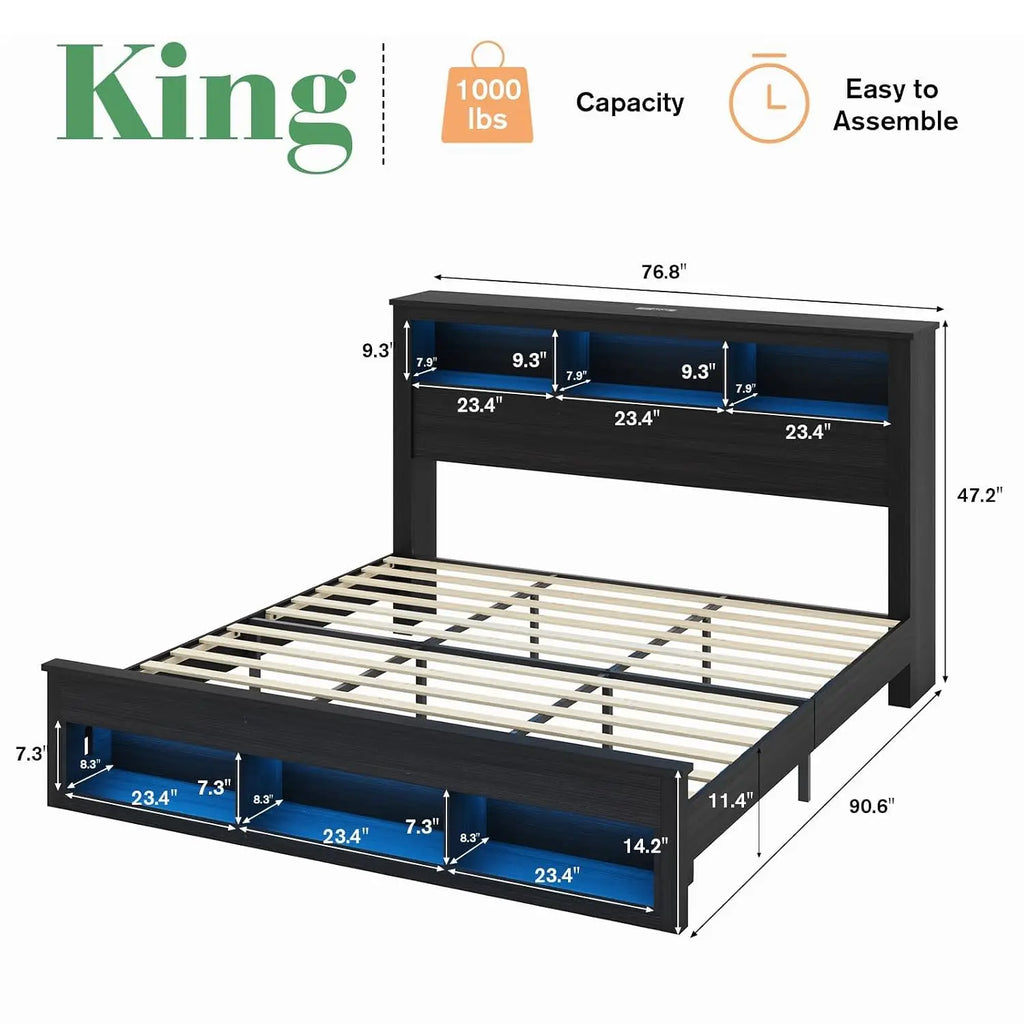 King Bed Frame with 47.2” Bookcase Storage Headboard & Footboard, Farmhouse Wooden Platform Bed with LED Light, Custom