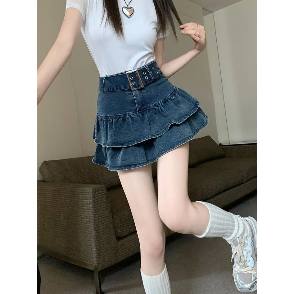 High Waist Short Denim Skirt Women's Summer Dopaamine Design Slimming A-Line Skirt with Lace Trim Super Short Casual Skirt