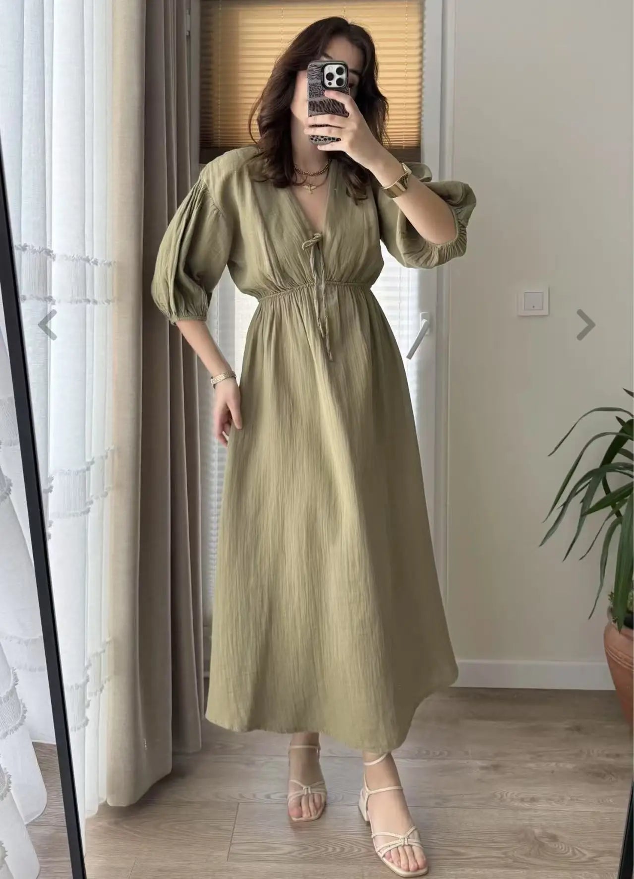 Dress Women Dresses A Line Puff Sleeve Vestidos V Neck Elastic Waist Elegant Mid Length Solid Y2k Streetwear Work Lace Up Summer