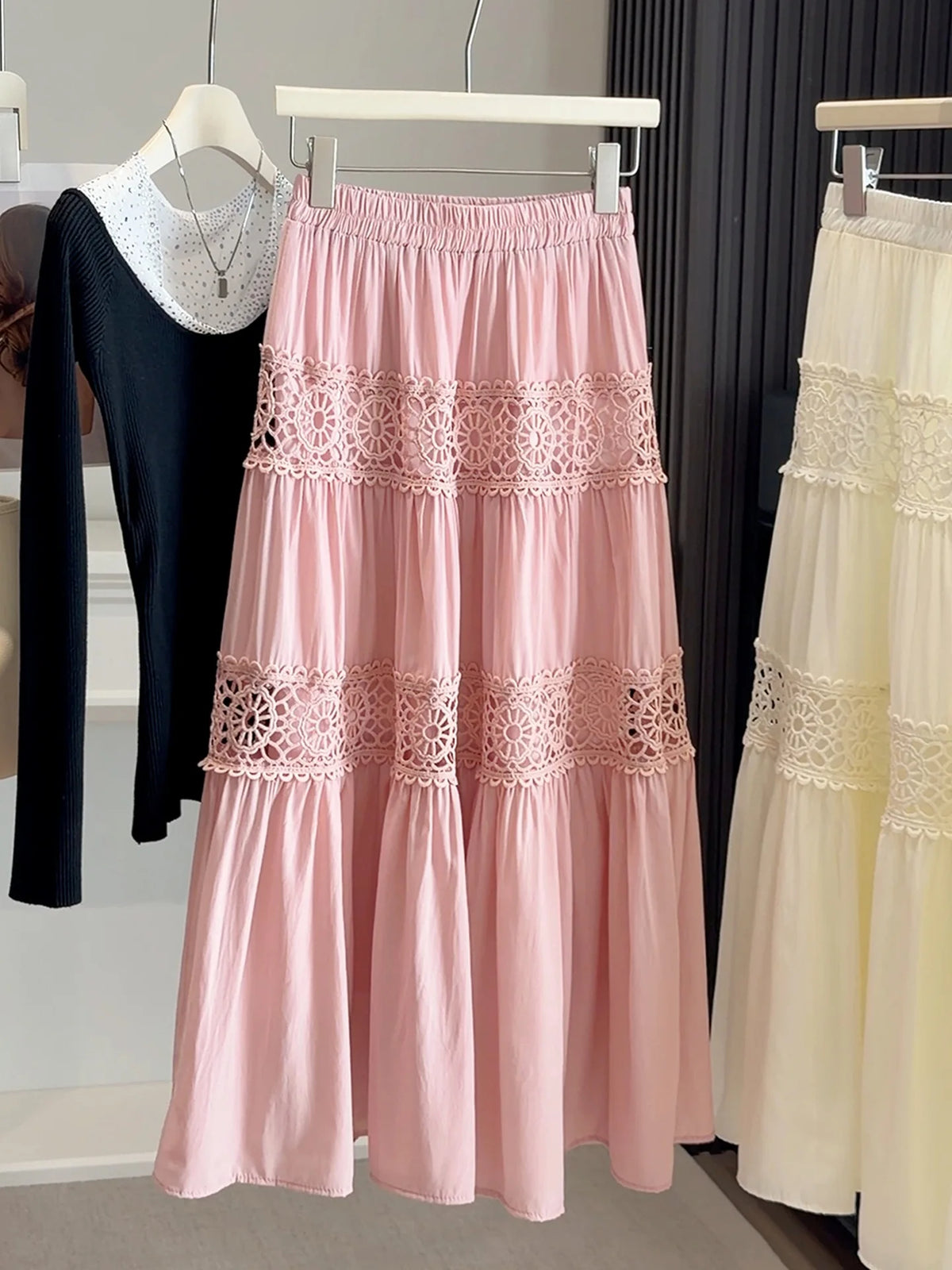 Korean-Style White Cake-Tier Skirt Women's Spring/Summer New Arrival Lace Cutout Patchwork Cotton Elegant Midi Skirt
