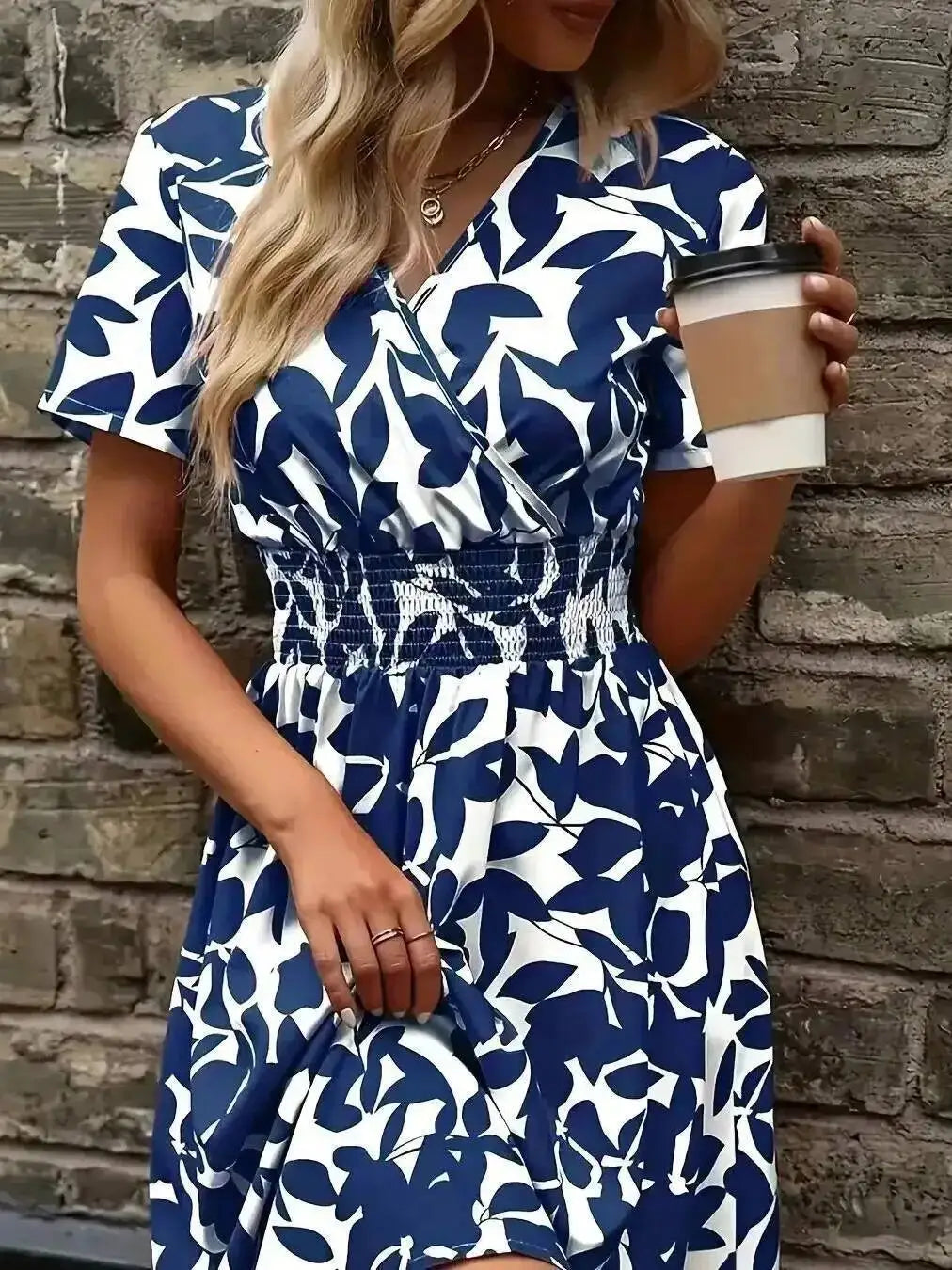2026 European American New Spring Summer Short-Sleeved V Neck Leaf Floral Large Hem Skirt Waist Dress Dresses Tops 2KD7