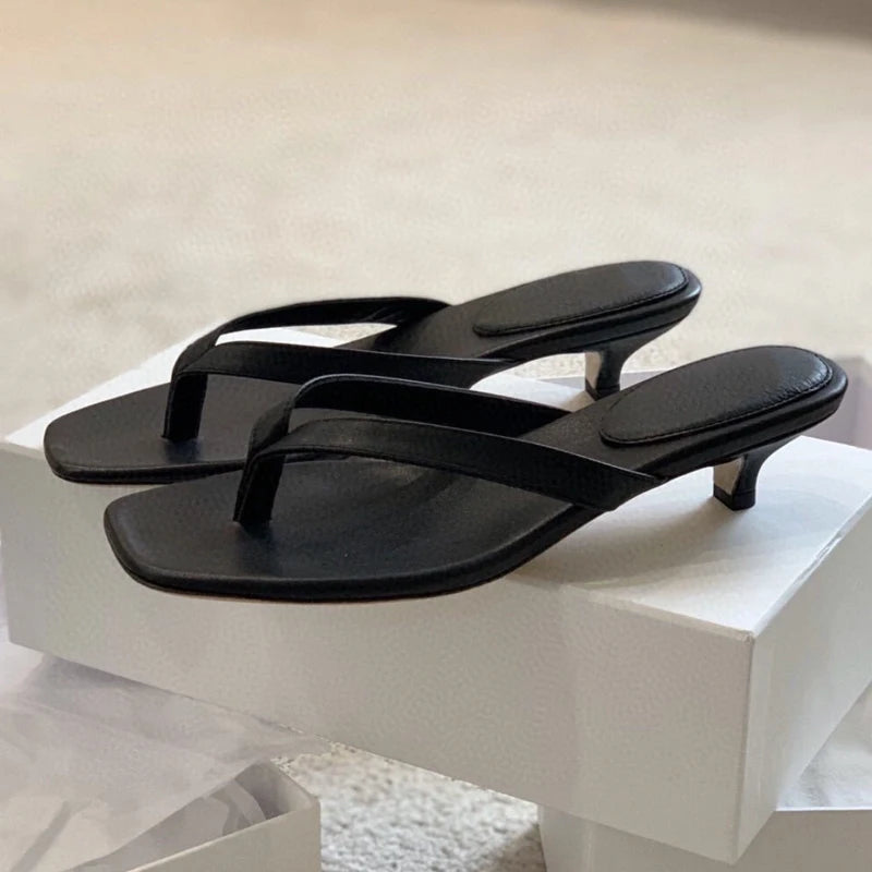 Leather High Heel Sandals For Women Elegant Chic Square Toe With Herringbone Design 2024 Summer