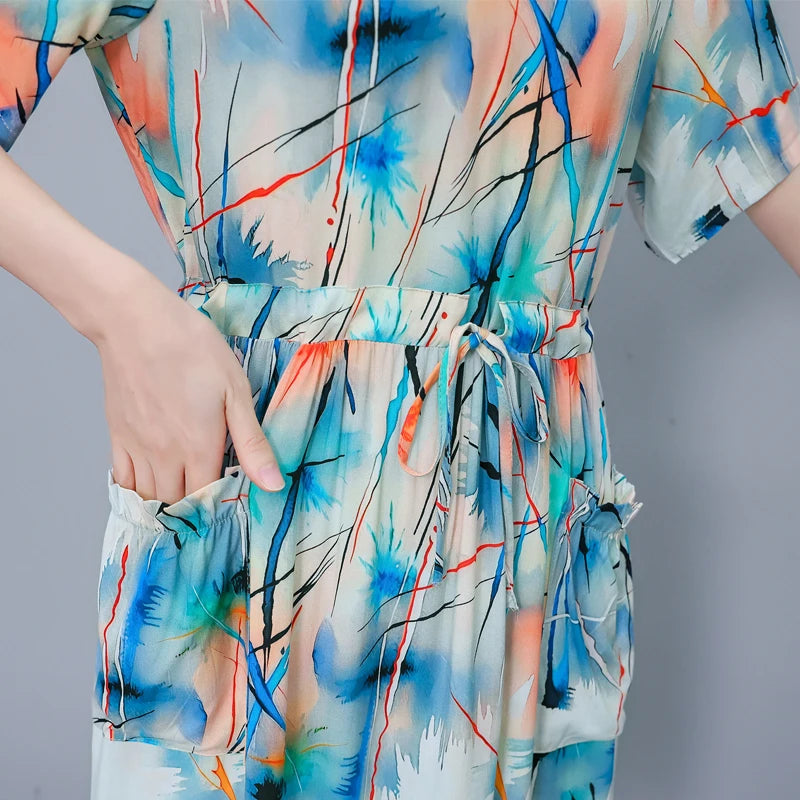 New Fashion 2025 Summer dresses For Women V-Neck Plus Size Woman Cothing Loose Short Sleeve Women Print Dresses
