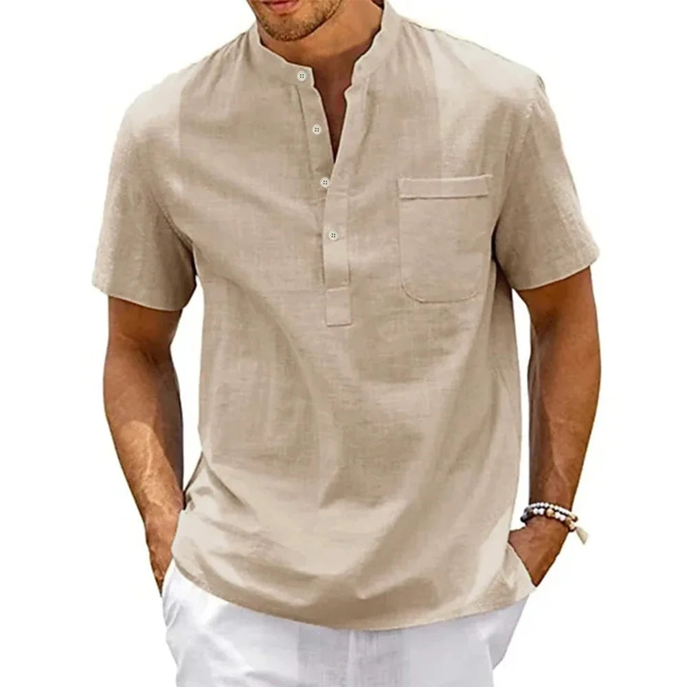 Cotton Linen Shirt For Men Henley With Pocket Breathable Solid Color Short Sleeve Casual Beachwear Vintage Streetwear