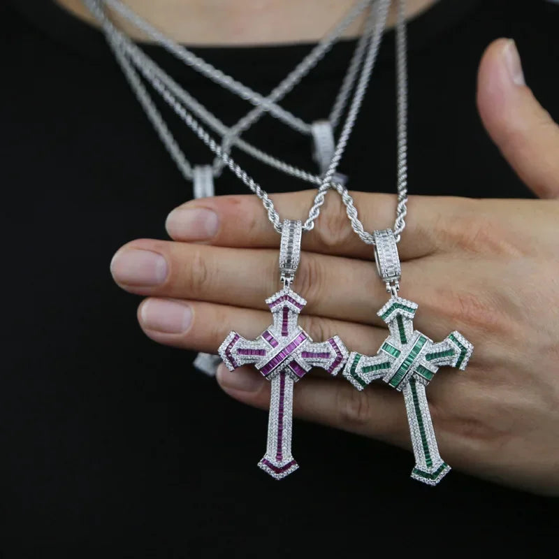14K Gold Long Lab Moissanite Cross Pendant Wedding Pendants Necklace For Women'S Men Hiphop Jewelry