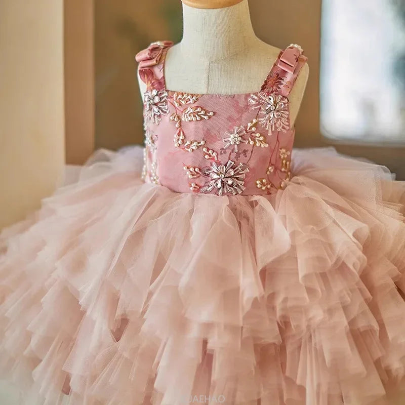 Party Dresses For Girls Vestido Children Pink Strapless Kids Tulle Tutu Gown Costume Dress Celebration Outfit Matching Birthday