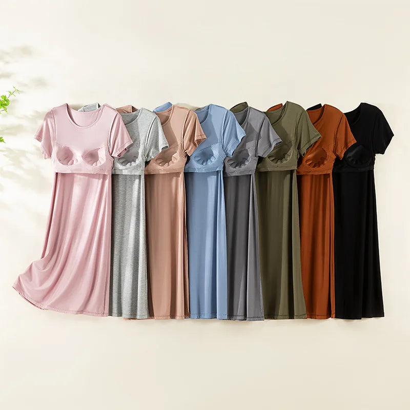 Summer Night Dress Modal Chest Pad Loose Casual Medium and Long Short Sleeved Home Nightgowns Women Sleepwear Night Gown M-3XL