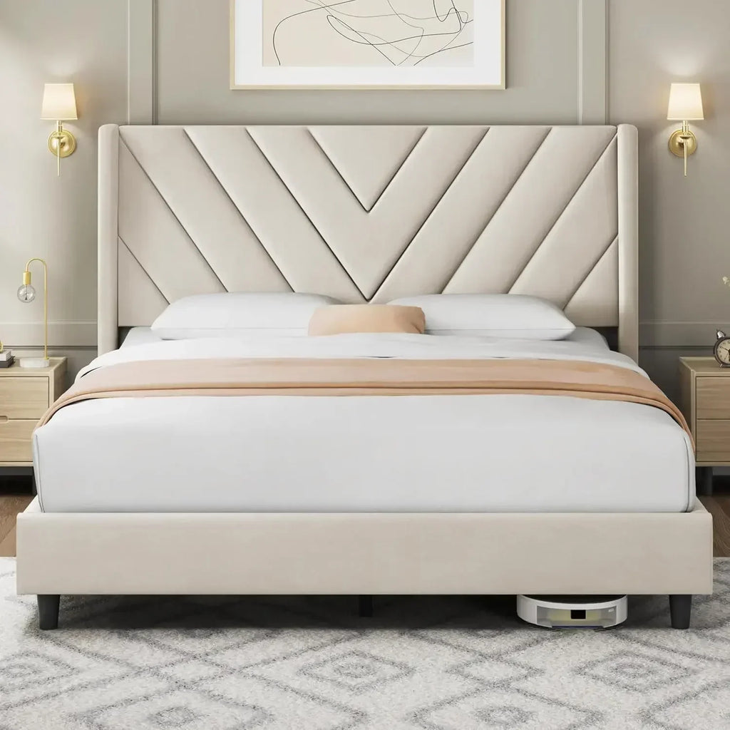 Queen Bed Frame Upholstered Platform Bed with Wing Side/Wooden Slat Support/Tufted Headboard with Wing Side/Mattress Foundation