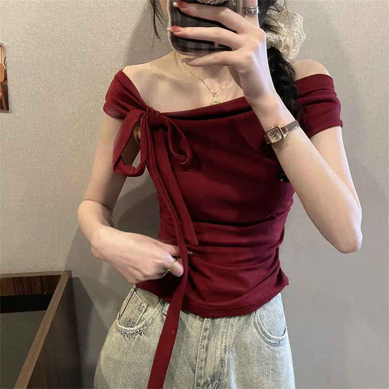 Pure Desire  Knot Short Sleeve One Shoulder T-Shirt Women Summer High Waist Short Sweet And Spicy Small Top