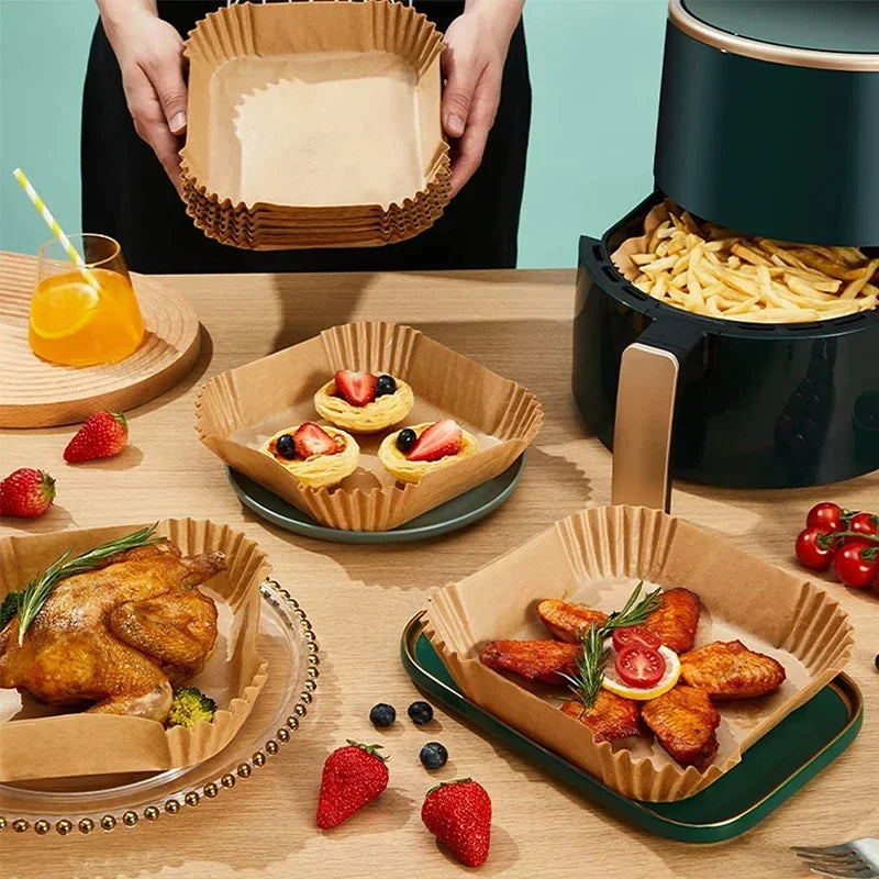 50/30 Piezas Accesorios de Cocina Papel para Freidora de Aire Utensilios de Cocina Desechables Cuadrados Redondos Moldes para Repostería Bandeja para BBQ Almohadilla Antiadherente