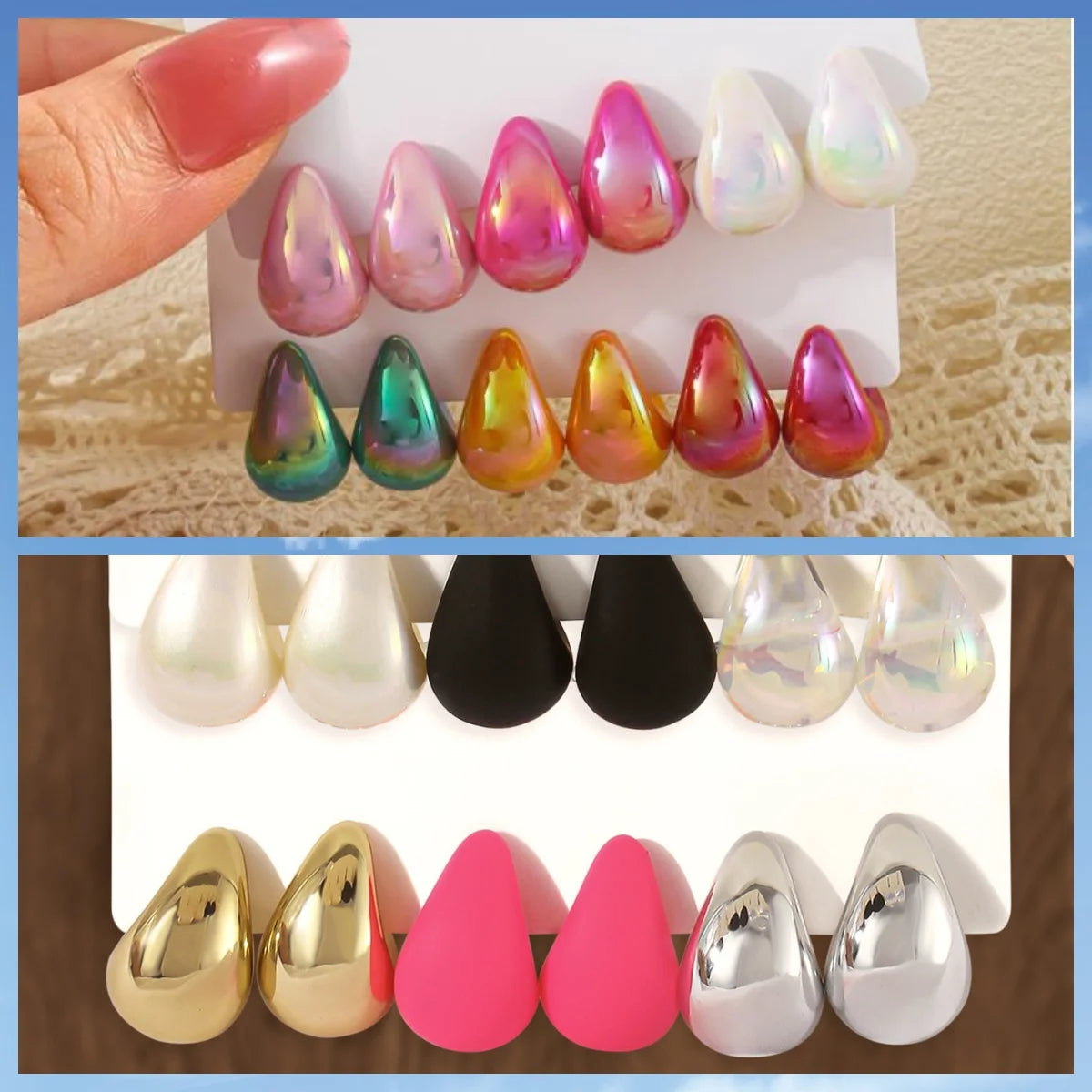 6 Pairs Vintage Water Drop Stud Earrings - Resin Macaron Colors