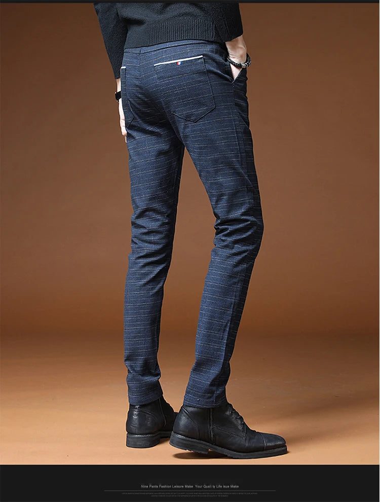 Classic Style Men's Casual Pants Fashion Striped Plaid Business Straight Slim Casual Pants Black Blue Gray Brand Men Trousers