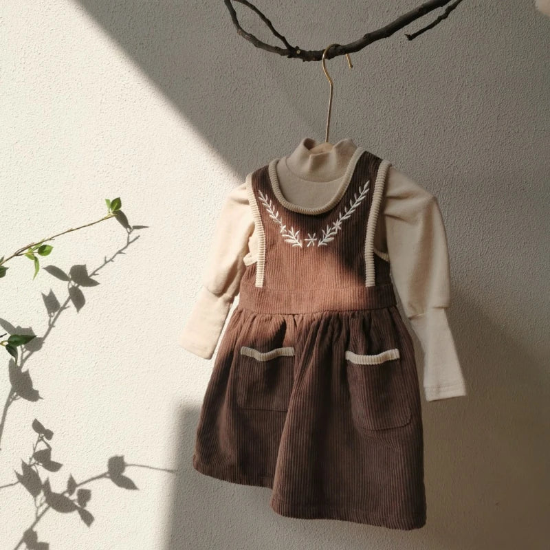 2025 Vinatge Baby Corduroy Sleeveless Dress Little Girls Sundress and Long Sleeve Tops Autumn Winter  Two Piece Set Children