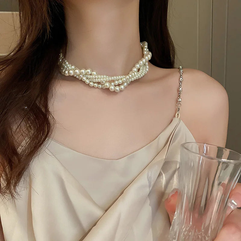 Fyuan Korean Style Twining Pearl Choker Necklaces For Women'S Geometric Necklaces Weddings Bride Jewelry Accessories