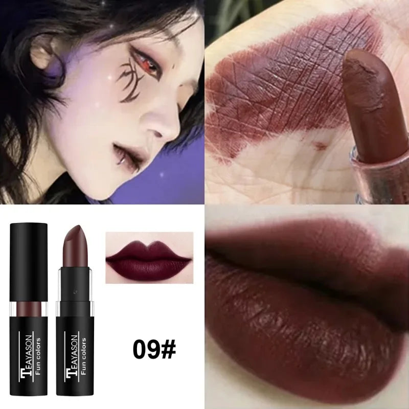 12 Colors Nude Lipstick Matte Velvety Vampire Makeup Punk Black Lip Gloss Smooth Waterproof Lasting Durable Dark Paint Cosmetics