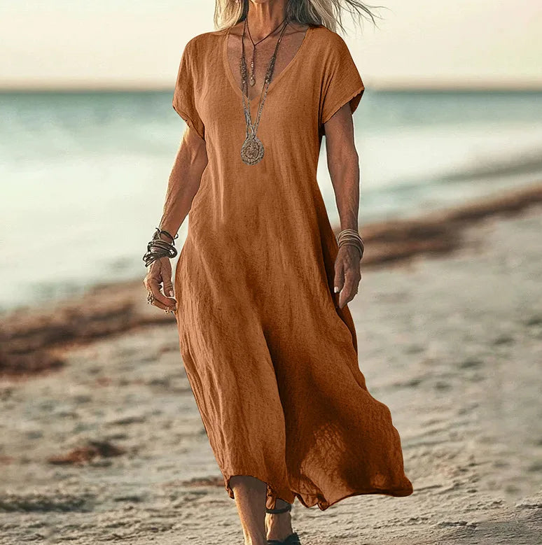 Independent Station Loose Solid Color V-neck Cotton and Linen Women's Dress